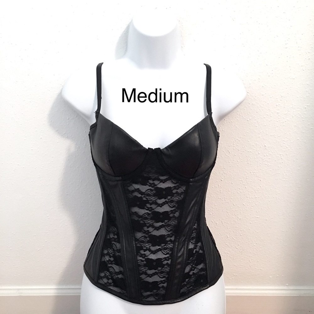 Charmian Faux Leather and Floral Lace Bustier Corset